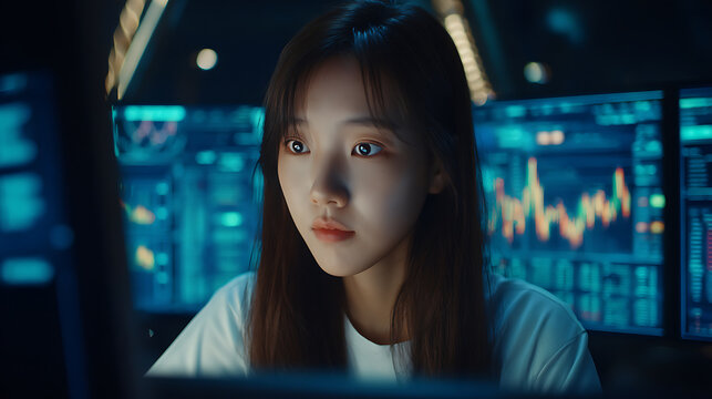 Young woman focused on computer screens displaying data and graphs in a dimly lit tech environment - Powered by Adobe
