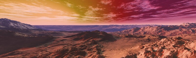 Panorama of Mars at sunset, sunrise above the surface of Mars, Martian landscape, 3d rendering