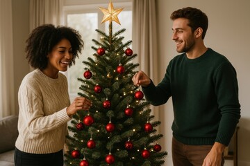 Joyful couple decorating Christmas tree.