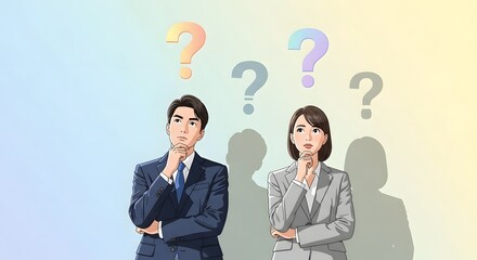 Business professionals contemplating complex decisions under question marks brainstorming ideas for creative solutions in a modern office setting.