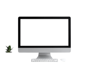 Sleek all-white desktop computer with blank screen, keyboard, mouse, and small succulent plant to the left