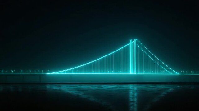 Luminous cyan cable stayed bridge glowing at night with its neon light structure reflecting on the water surface, creating a futuristic and surreal technological cityscape concept