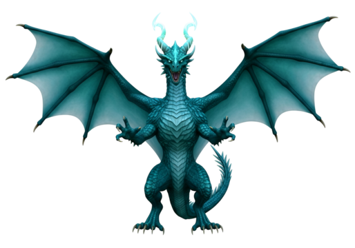 A magnificent teal dragon with outstretched wings, positioned against a dark background, is a striking digital art creation.