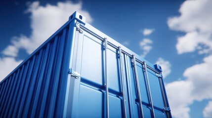 Fototapeta premium Blue Shipping Container Against Cloudy Sky: Global Trade and Logistics Perspective, Transportation Industry