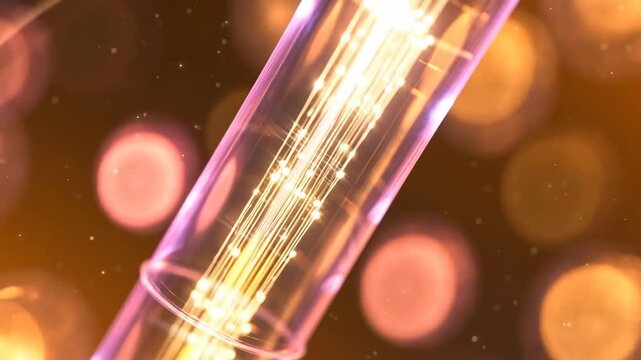 Fiber optic cable with glowing light strands transmitting data against a blurred abstract background