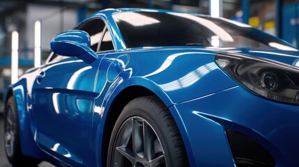 Sleek Blue Sports Car Detail: Automotive Excellence and Modern Design in a Workshop Setting