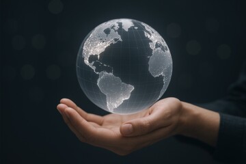 Digital Globe Hovering Above a Hand Representing Global Connection, Technology, and Environmental Responsibility on Dark Backdrop
