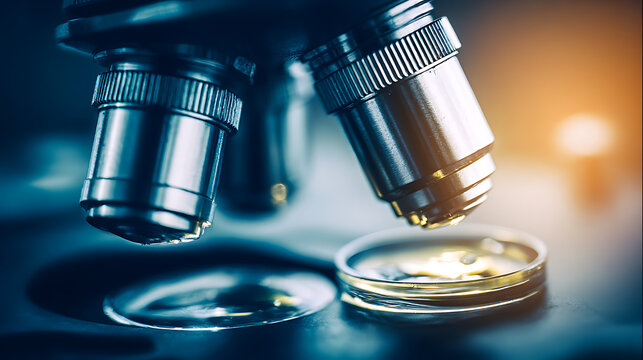 Close-up of microscope lenses focusing on a petri dish with sample under laboratory lighting