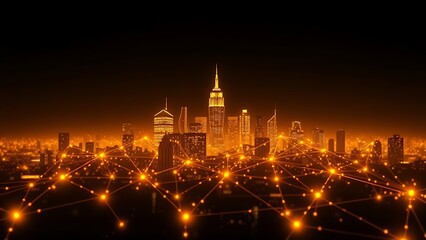 Obraz premium An abstract city skyline with glowing golden connection lines, evoking a futuristic network concept.