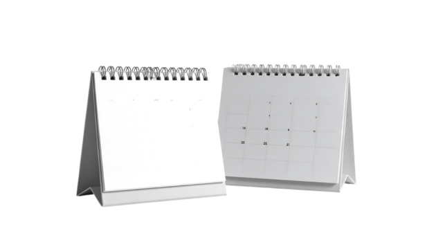 Two blank white desktop calendars, one with dates, sit angled on a surface.  Spiral bound