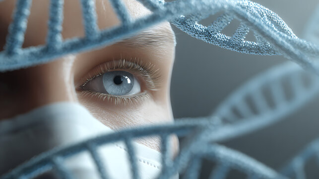 Close-up of human eye seen through DNA double helix strands