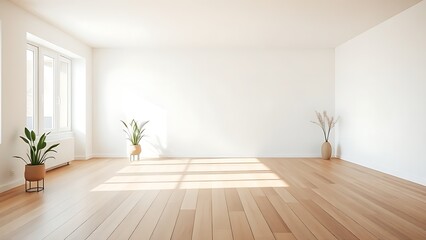 A minimalist living room featuring wooden floors and white walls bathed in natural light.