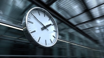 Clock Hanging in Modern Public Space Depicting the Passage of Time and Urgency