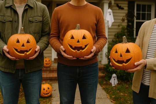 Three people holding carved pumpkins.