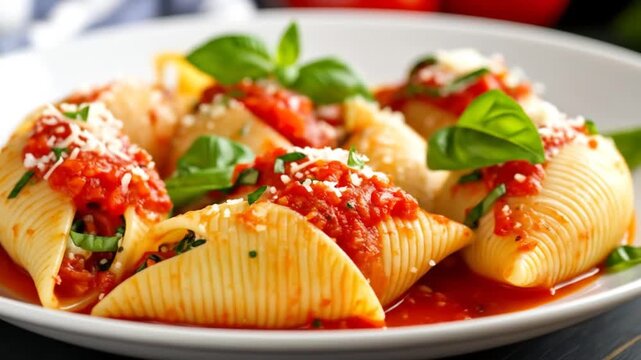 Gourmet Stuffed Shells with Red Sauce and Fresh Basil on White Plate close-up food photography featuring vibrant colors and a dark backdrop