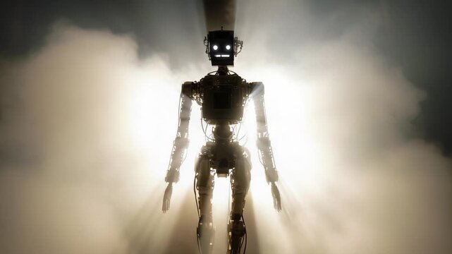 Terrifying humanoid robot silhouette with glowing eyes standing still in a dark, smoky environment with bright backlighting, evoking a sense of dread from an apocalyptic, futuristic world
