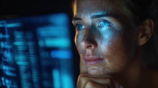 Woman Analyzing Data on Computer Screen, Nighttime Task, Information Overload, Cybersecurity Professional - Powered by Adobe