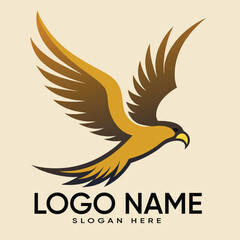 Majestic golden eagle in flight with wings spread wide and company logo placeholder