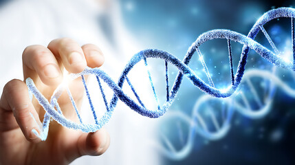 Hand holding a glowing DNA double helix against a blue scientific background