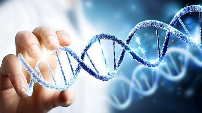 Hand holding a glowing DNA double helix against a blue scientific background