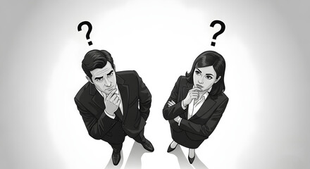 Confused business team looking up with question marks pondering strategy and decisions ideal for problem-solving and business solution articles