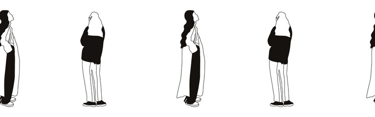 Hand-drawn doodle people border. Outline people clipart. Hand-drawn black art.