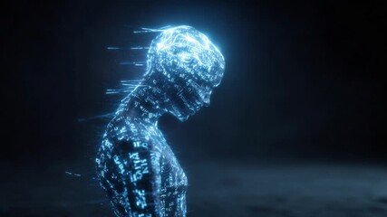 Humanoid artificial intelligence figure made of glowing binary code and futuristic data streams standing in a dark, moody environment, representing concepts of technology and cyberspace - Powered by Adobe