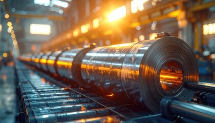 Steel Coils Under Warm Light in an Industrial Factory Setting Silver Rolls Illuminated by Production Line Lights Metal Manufacturing and Heavy Industry