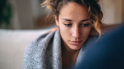 Upset Woman Wrapped in Blanket Seeking Comfort and Support During a Difficult Time