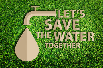  Save water concept. Paper cut of eco on green grass.