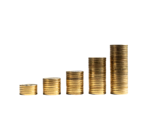Five stacks of gold coins ascending in size, illustrating growth or increasing wealth against a black backdrop