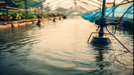 Aeration device in a greenhouse aquaponics system with water and plants in the background