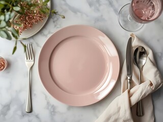 Elegant pink plate setting with silverware and flowers