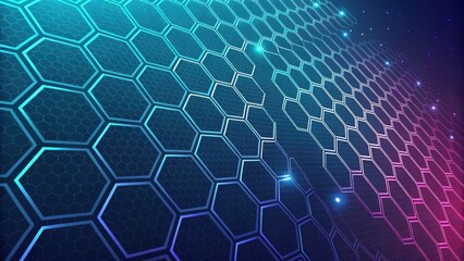 Futuristic hexagonal grid pattern with cyan and magenta neon glow and depth effect