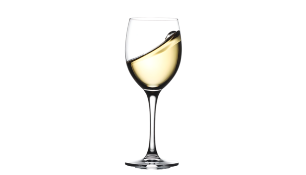 A partially filled, clear wine glass with a pale yellow, white wine swirling inside, set against a black background
