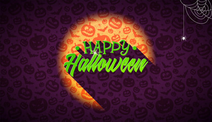 Happy Halloween Vector Illustration with Illuminated Typography Lettering on Spooky Pumpkin Pattern Background. Vector Autumnal Holiday Design for Banner, Greeting Card, Celebration Poster, Party