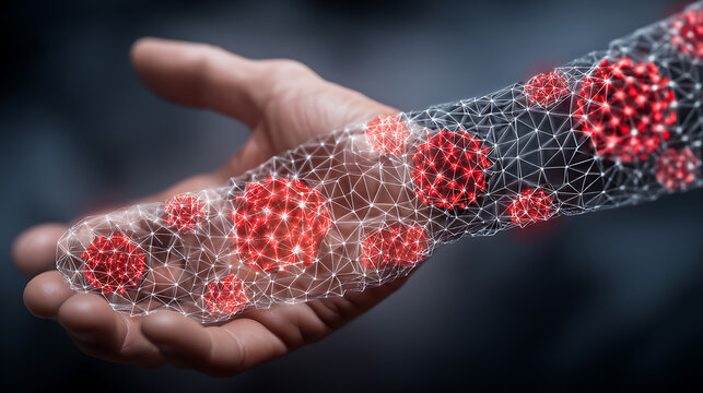 Hand holding a digital representation of virus particles within a network structure