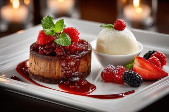 Chocolate dessert with berries and ice cream - Powered by Adobe