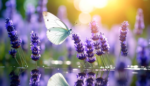 A delicate white butterfly rests amongst vibrant purple lavender flowers, bathed in golden sunlight.