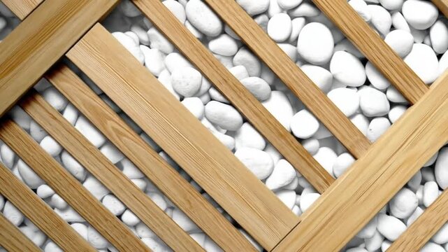 A detailed close-up of a decorative wooden slatted structure filled with white stones, showcasing an intricate design and natural textures.
