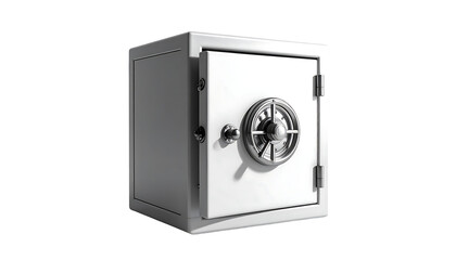 A grayscale rendering of a metallic, cube-shaped safe with a partially open door, featuring a circular dial lock and a handle