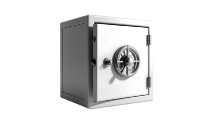 A grayscale rendering of a metallic, cube-shaped safe with a partially open door, featuring a circular dial lock and a handle