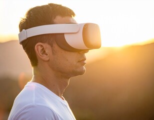 Man wearing modern virtual reality headset outdoors during sunset representing immersive VR technology, augmented simulation devices and futuristic interactive entertainment