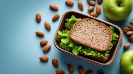 Healthy lunchbox with sandwich, green apple, and almonds on blue background. It showcases healthy eating for school, work, or diet related content.