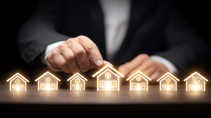 Businessperson selecting illuminated house icons representing smart home technology