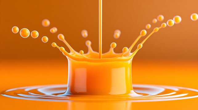 Liquid orange splash forming a vibrant crown with droplets against a bright studio background, creating a dynamic and refreshing effect.
