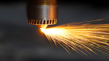 Close-up of a laser cutting tool emitting bright sparks during metal processing