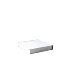 A small, square, white, hardback book or box rests on a plain background.  Its cover is smooth and shows no detail