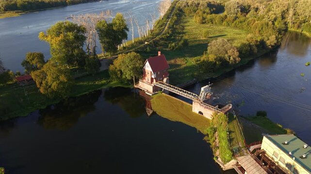 Aerial Bydgoszcz Poland Brda River marina locks circle. Historic center. Northern Poland. River Brda inland waterway, tributary of Vistula. International regatta rowing competition. NATO and EU.