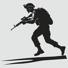 Silhouette of a soldier in tactical gear running with a rifle and backpack
